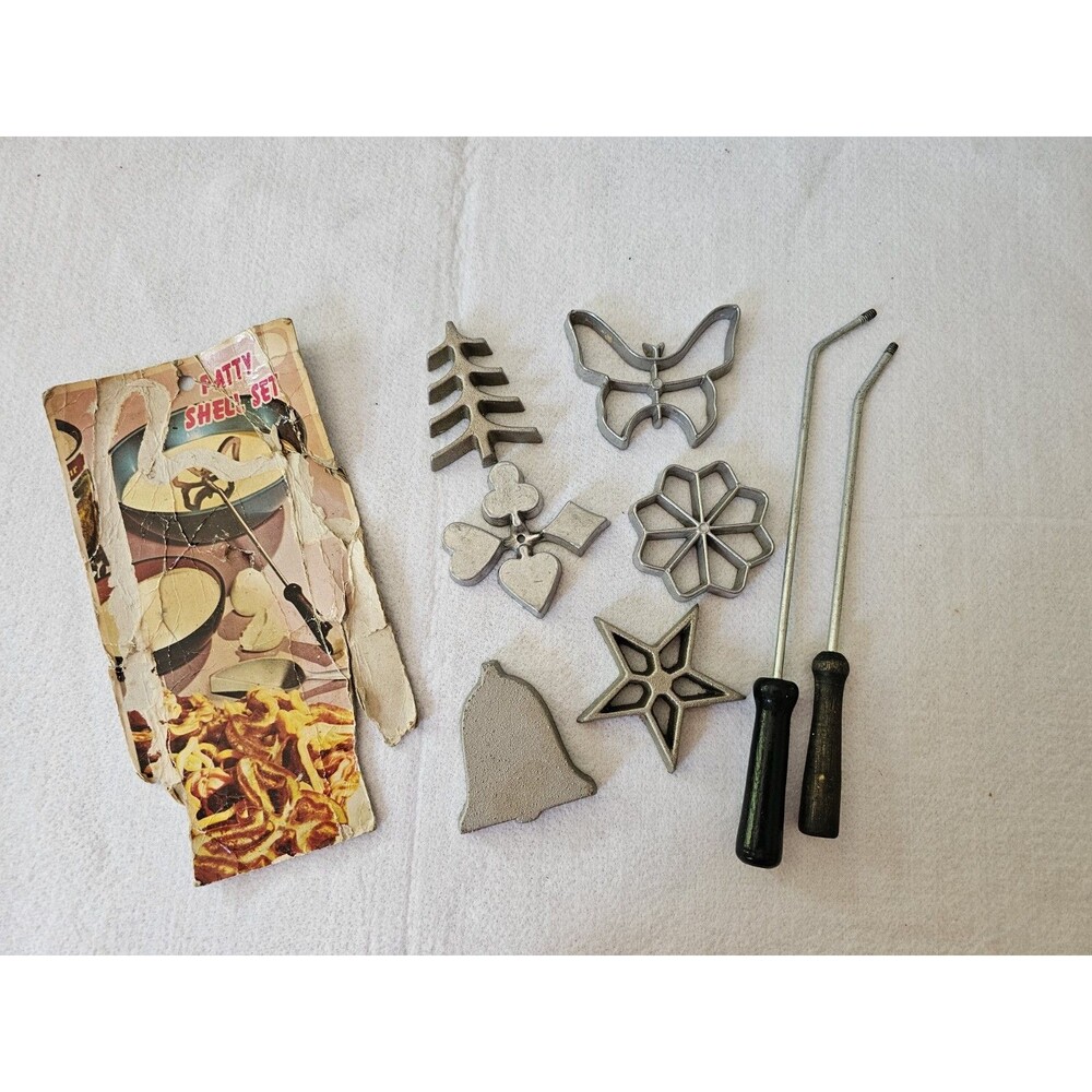 Vintage Rosette Iron Set Patty Shell Timbale Maker 6 Molds Handles Box